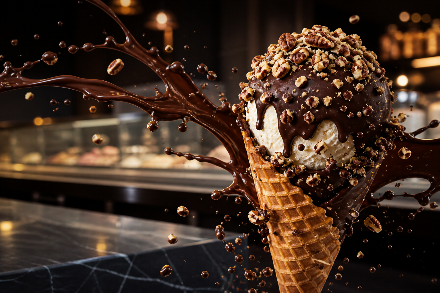 A chocolate-dipped gluten-free waffle cone with pecans and glossy chocolate splashing across a modern ice cream counter.
