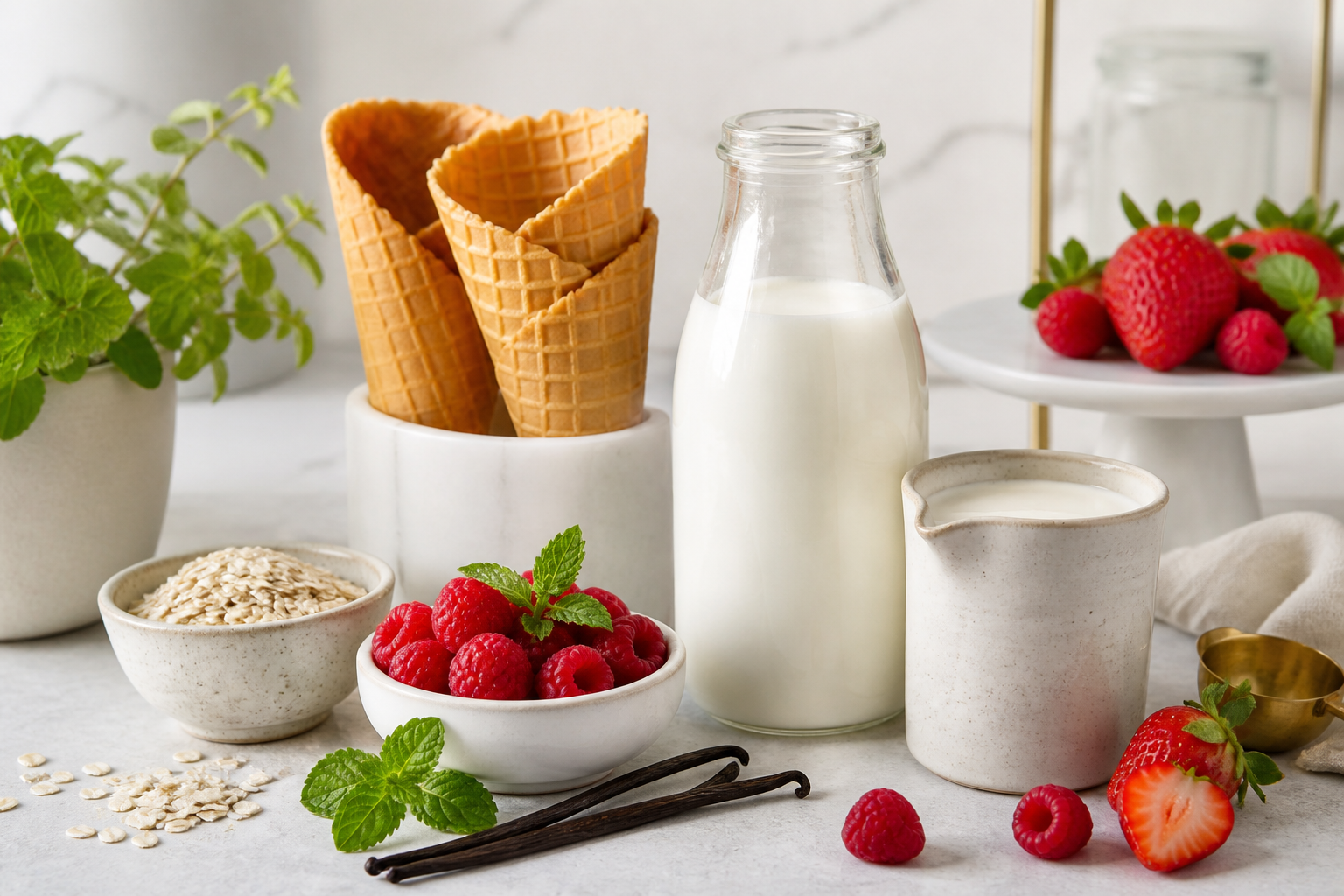 Fresh milk, gluten-free cones, berries, mint, vanilla, and dairy-free ingredients on a bright counter.
